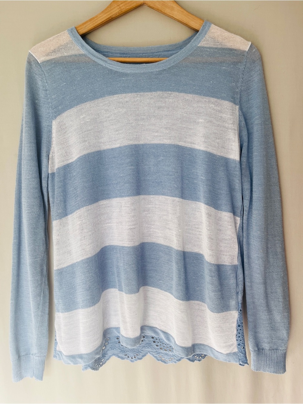 Morghy Linen Silk Blend Blue Stripe Summer Sweater Crossover Eyelet Back fits M